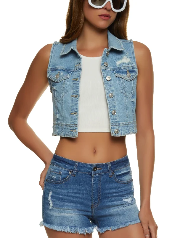 Women's Clothes For The Office WAX Distressed Denim Cropped Vest