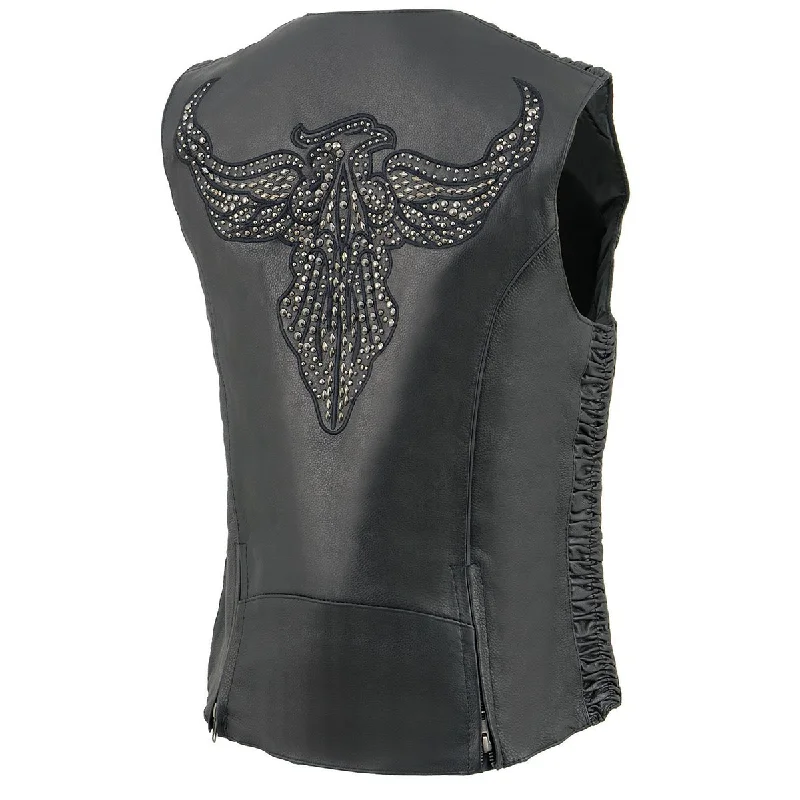 Casual Fashion Trends for Women Milwaukee Leather MLL4570 Women's Studded Phoenix Black Leather Motorcycle Biker Vest w/ Embroidery Art