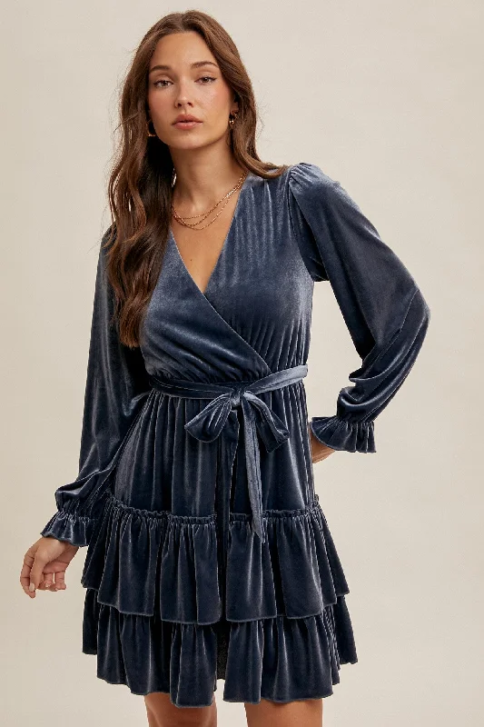 Women's Holiday Attire Slate Velvet Surplice Holiday Tiered Ruffled Long Sleeve Mini Cocktail Dress