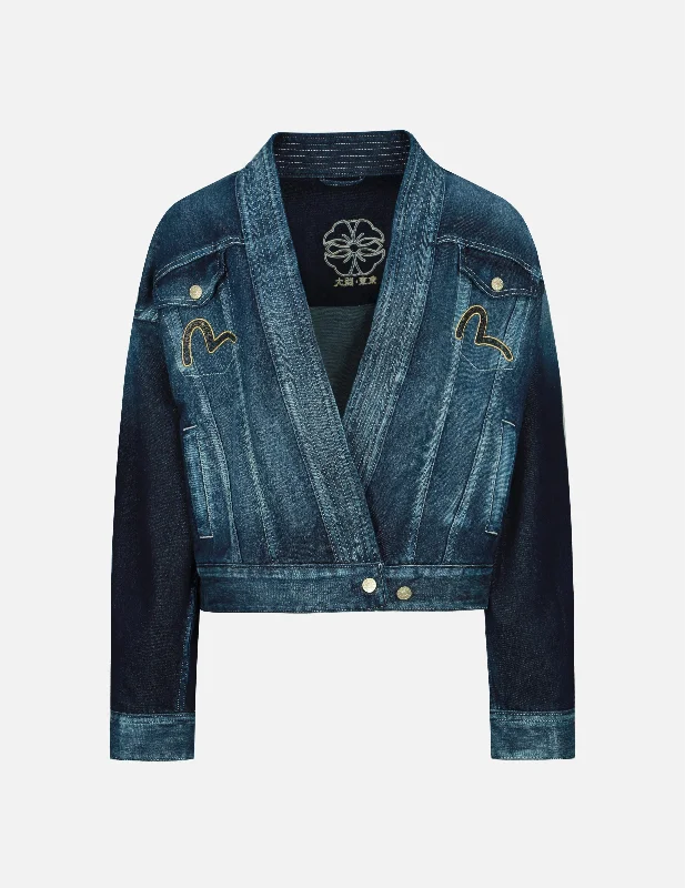 Women Apparel Brocade-pattern Seagull and Kamon Appliqué Denim Kimono Jacket