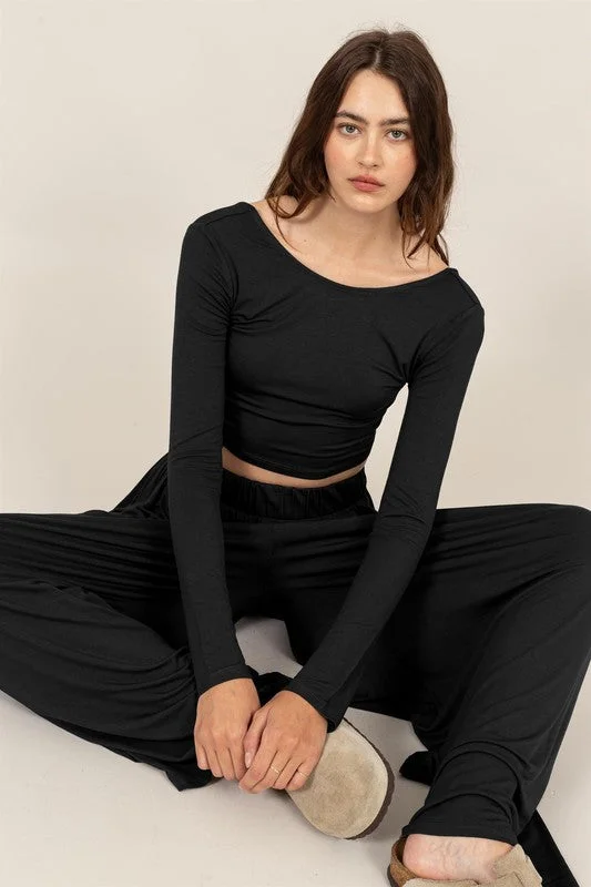 Women's Elegant Evening Attire Long Sleeve Crop Top And Pants Set